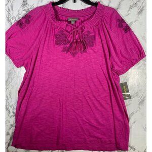 Style & Co. Womens Sandy Fuchsia Embroidered Vacay Top Size Large
